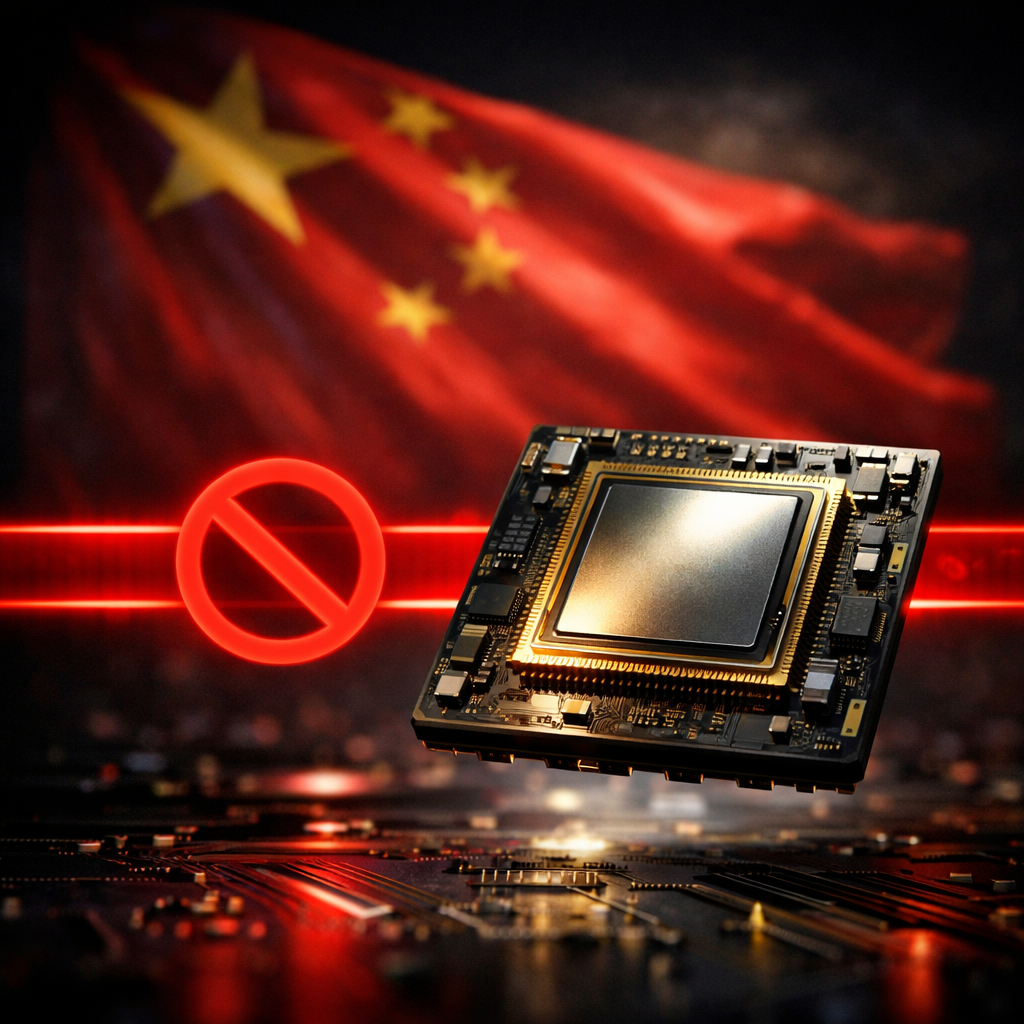 Diagrama explicativo da disputa tecnológica entre EUA e China envolvendo os chips H200 da Nvidia